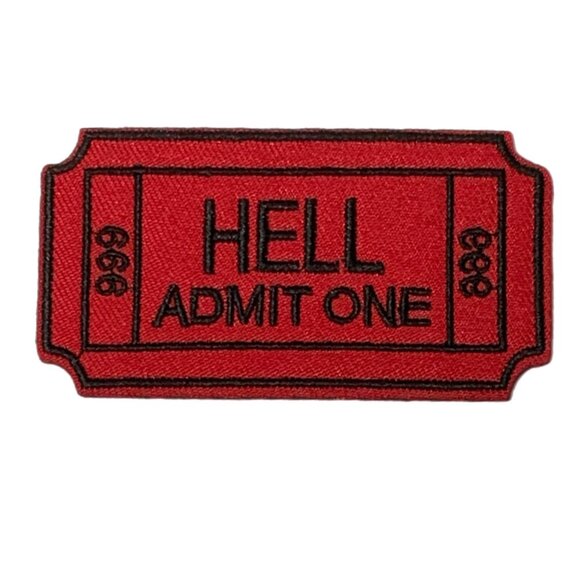 Hell Admit One 666 Ticket Embroidered Iron On Sew Patch Red Black Punk Goth - Picture 3 of 5